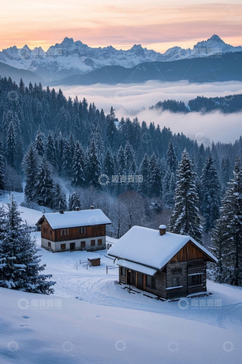 高清大图下载【趣麦麦图】雪山下被雪覆盖的林间木屋