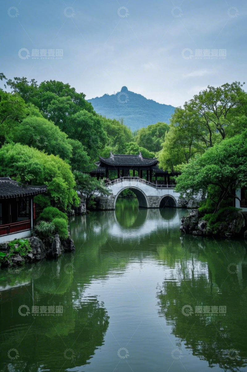 高清大图下载【趣麦麦图】中式园林拱桥与山水景观