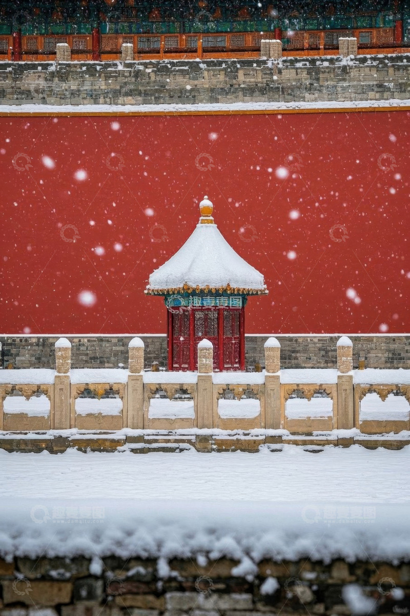 高清大图下载【趣麦麦图】故宫雪景中的红墙与亭子