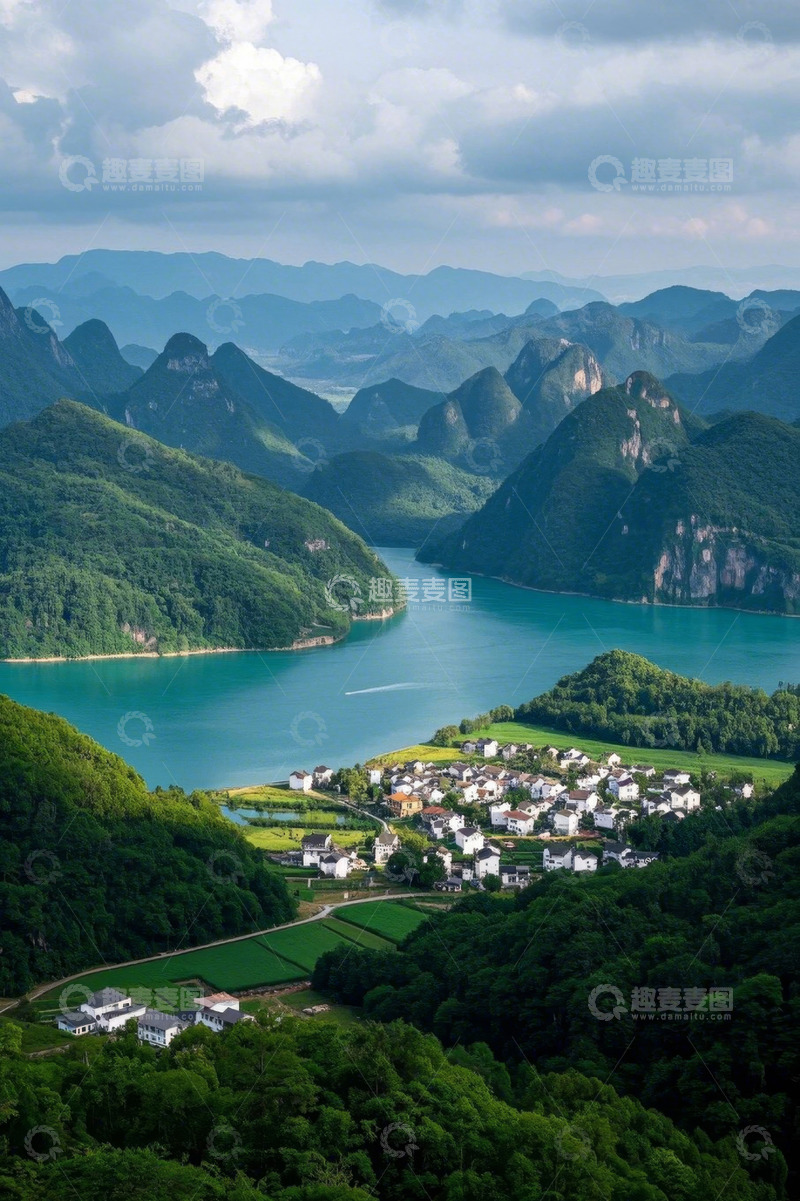 高清大图下载【趣麦麦图】山水相依的村落全景