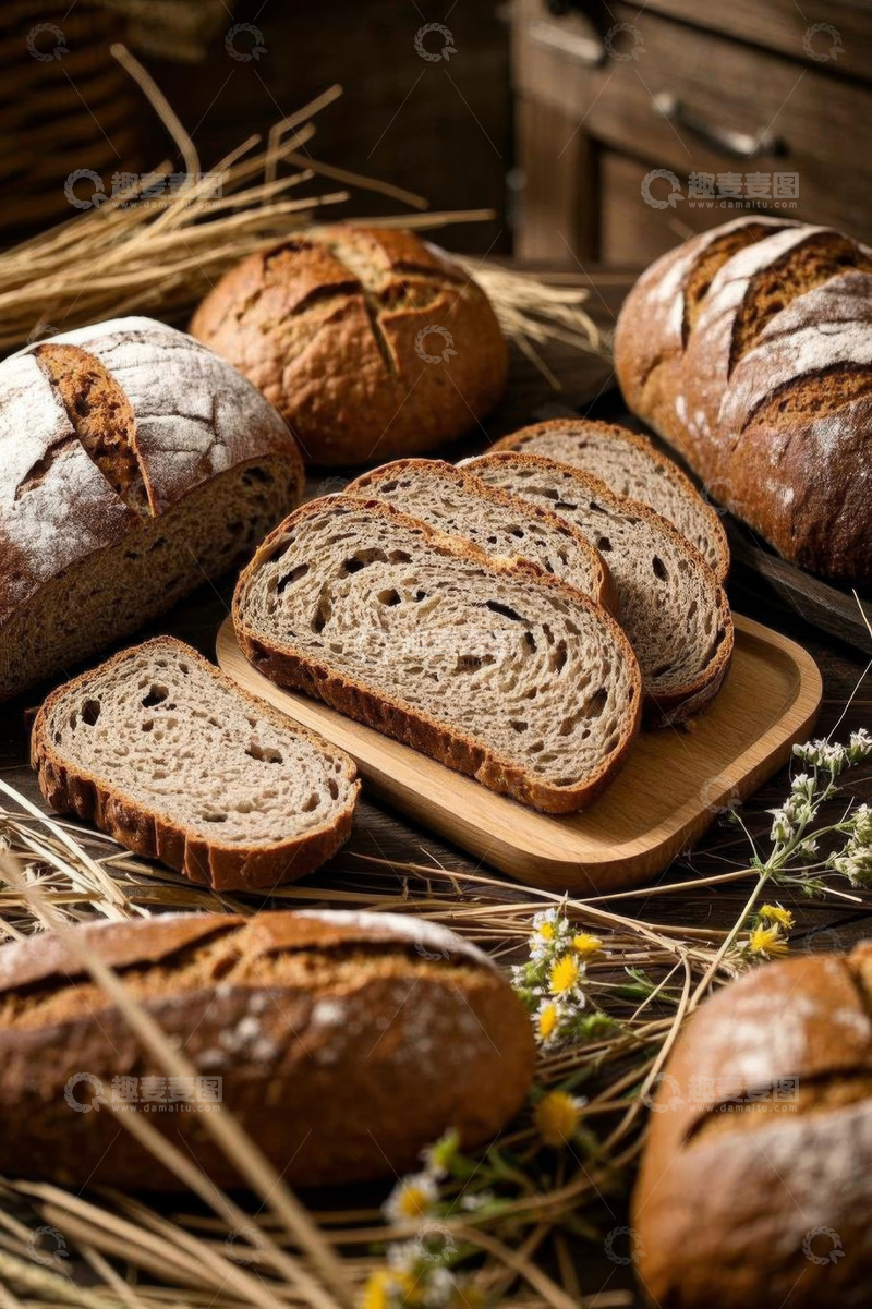高清大图下载【趣麦麦图】多种面包摆放在木盘上