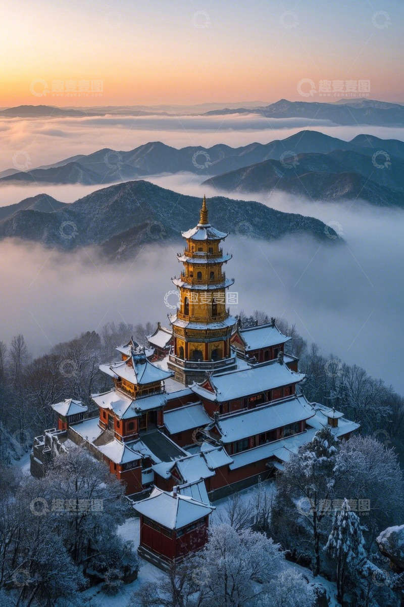高清大图下载【趣麦麦图】雪后山间古建筑全景
