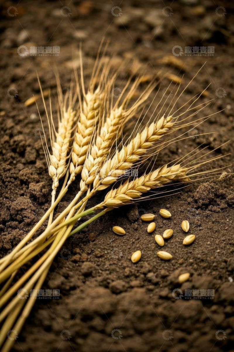 高清大图下载【趣麦麦图】泥土上的麦穗与麦粒特写