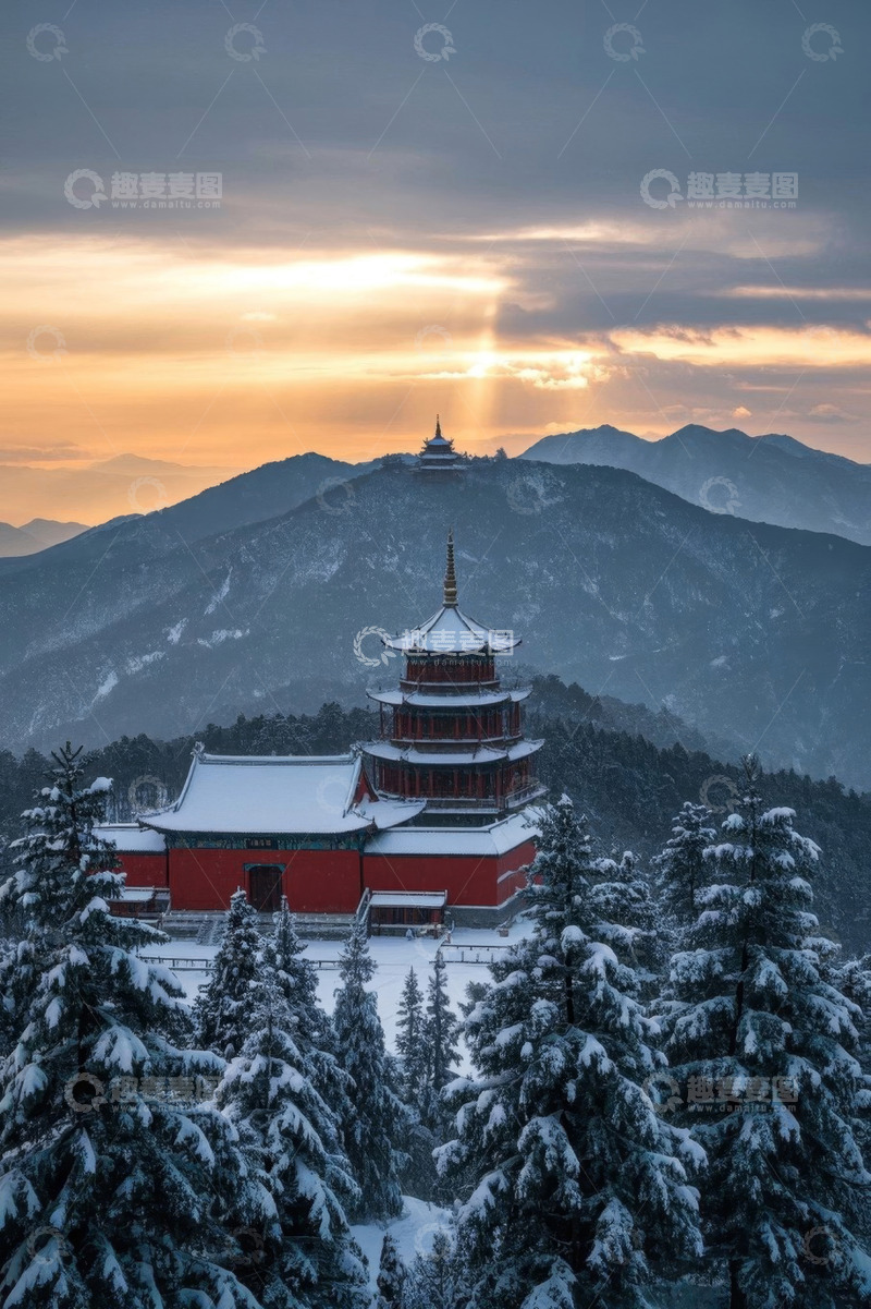 高清大图下载【趣麦麦图】雪后山林中的古建筑景观