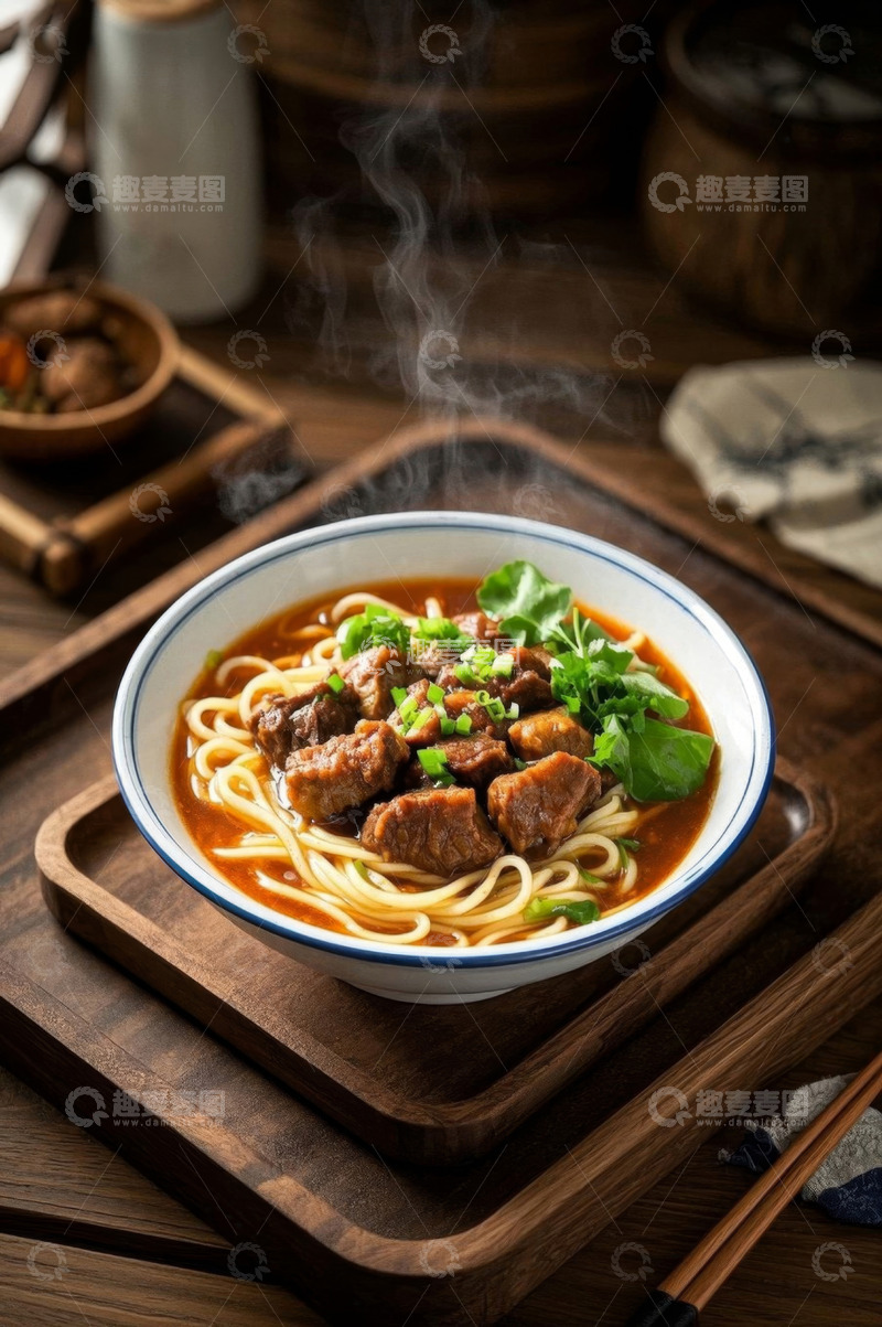 高清大图下载【趣麦麦图】木盘上的牛肉面条特写