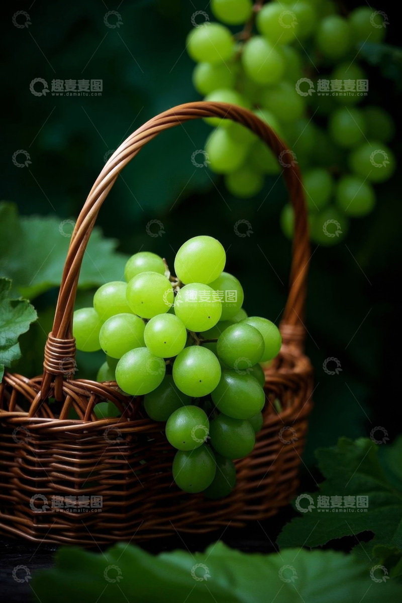 高清大图下载【趣麦麦图】竹篮中新鲜的绿色葡萄
