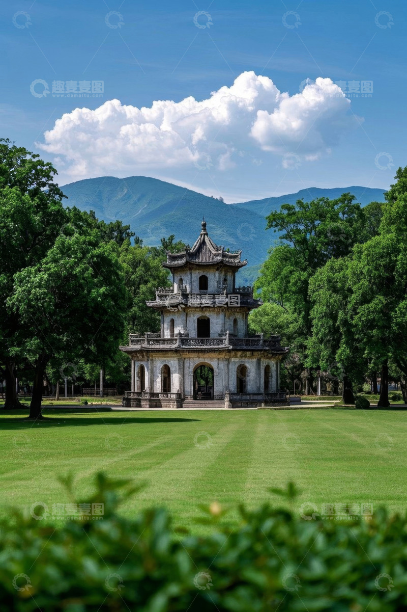 高清大图下载【趣麦麦图】中式古建筑与绿地山水景观