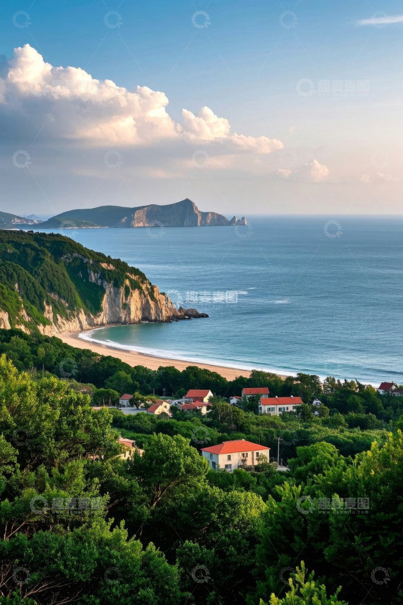 高清大图下载【趣麦麦图】海边山坡上的村庄与自然风光