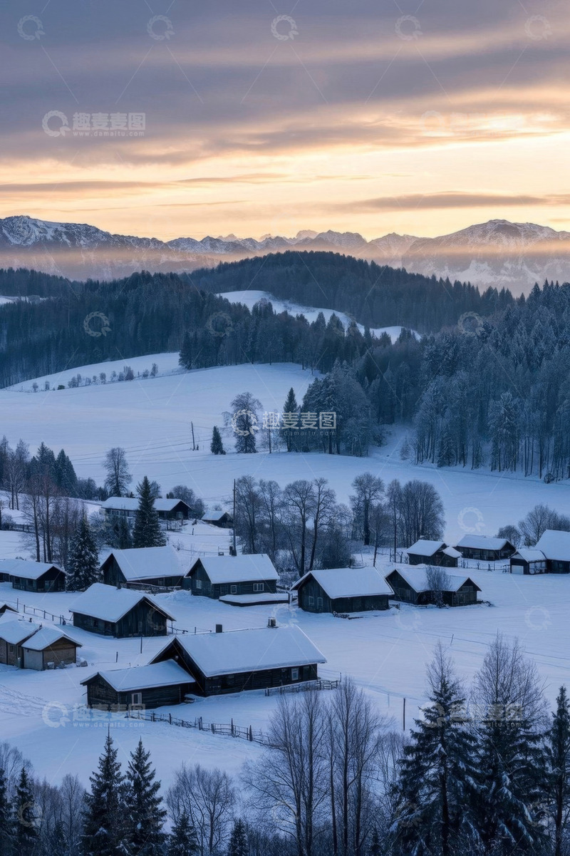 高清大图下载【趣麦麦图】雪中山村与森林景观