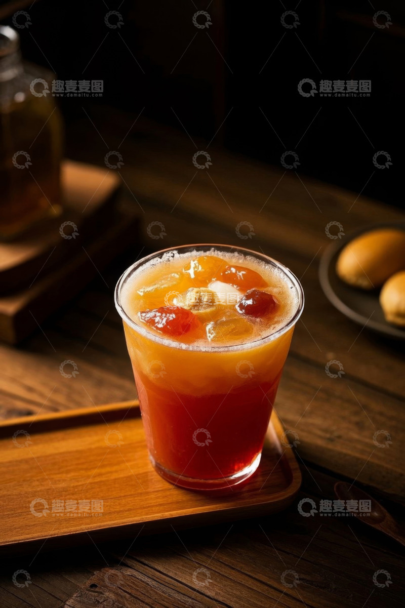 高清大图下载【趣麦麦图】木托盘上的玻璃杯水果饮料
