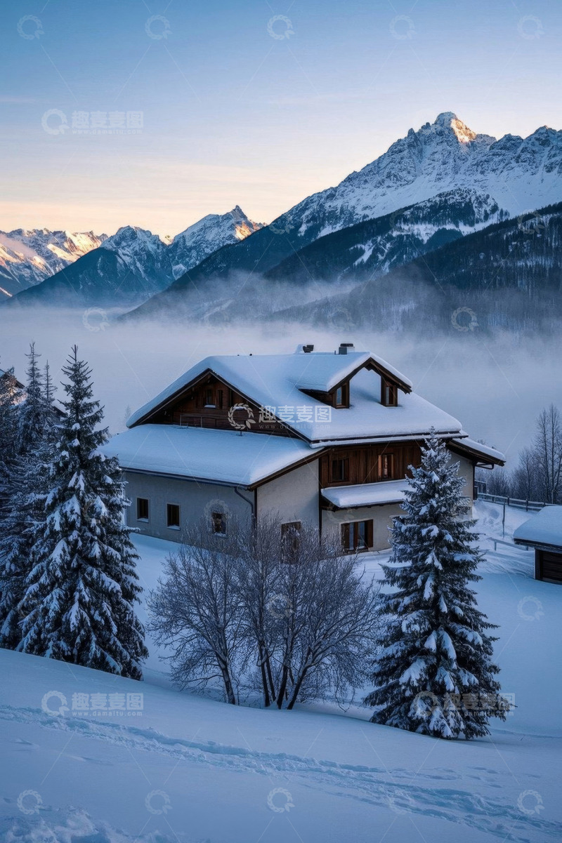 高清大图下载【趣麦麦图】雪山下被积雪覆盖的山间小屋