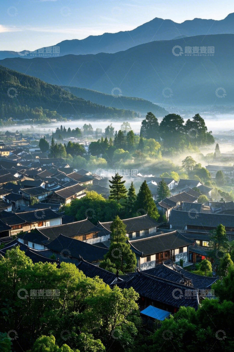 高清大图下载【趣麦麦图】山间古村落晨景
