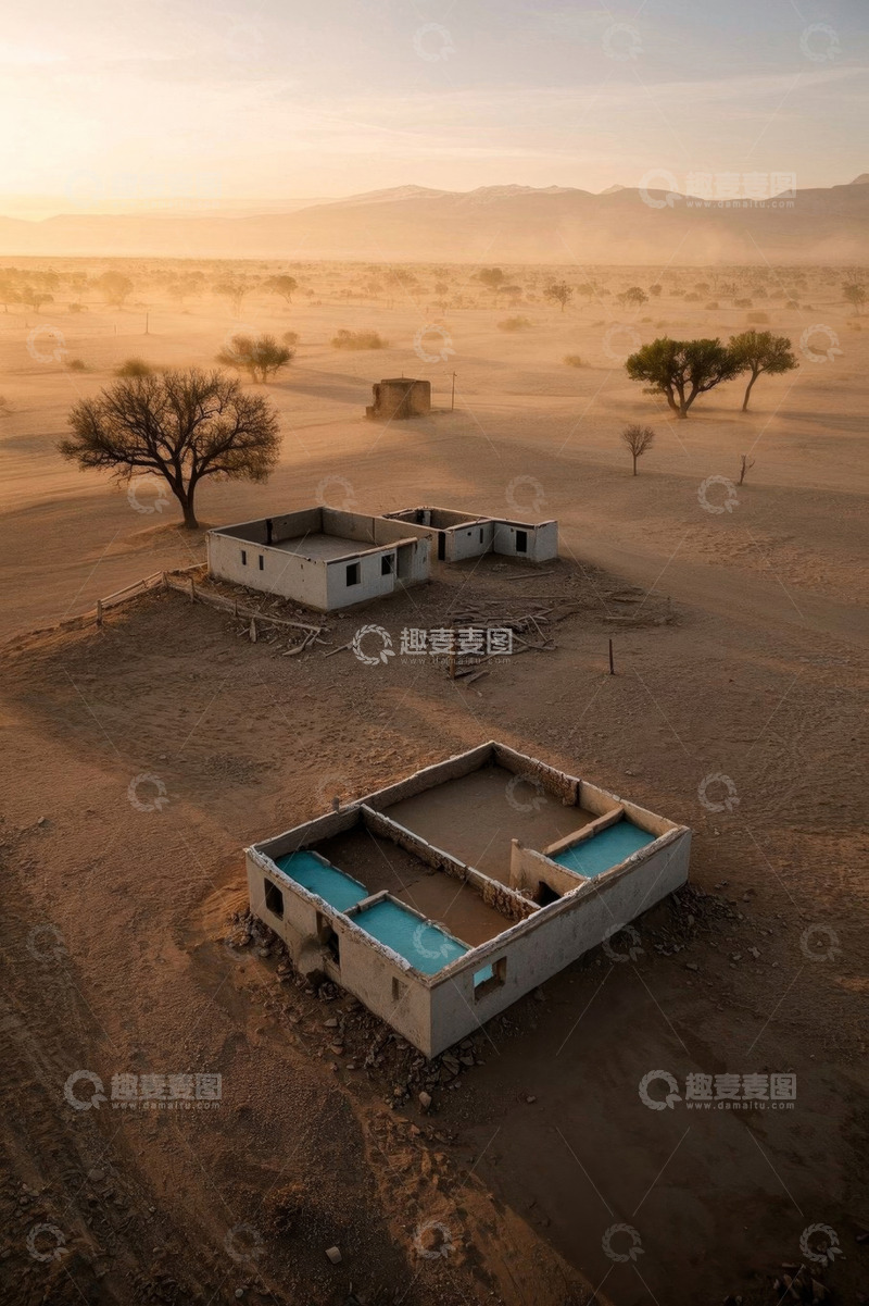 高清大图下载【趣麦麦图】沙漠中废弃房屋航拍景象