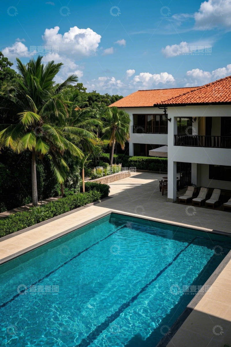高清大图下载【趣麦麦图】户外别墅旁的蓝色游泳池