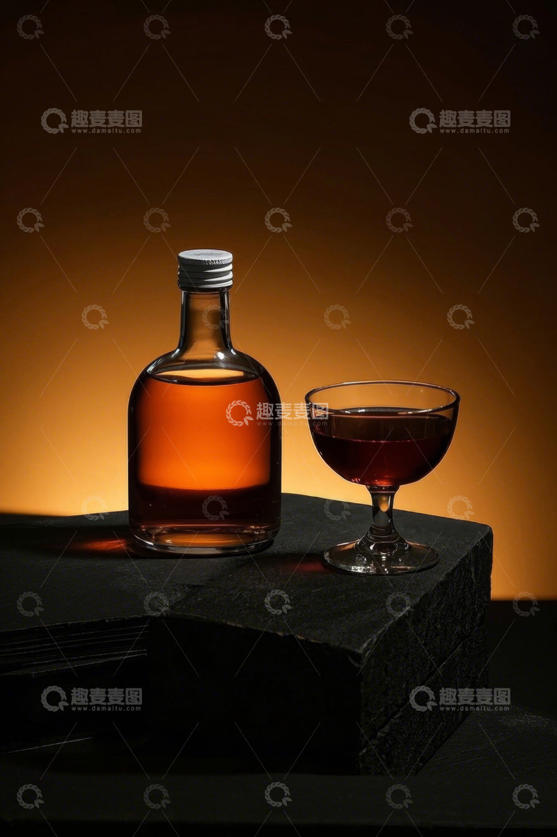高清大图下载【趣麦麦图】玻璃瓶与高脚杯中的酒精饮料