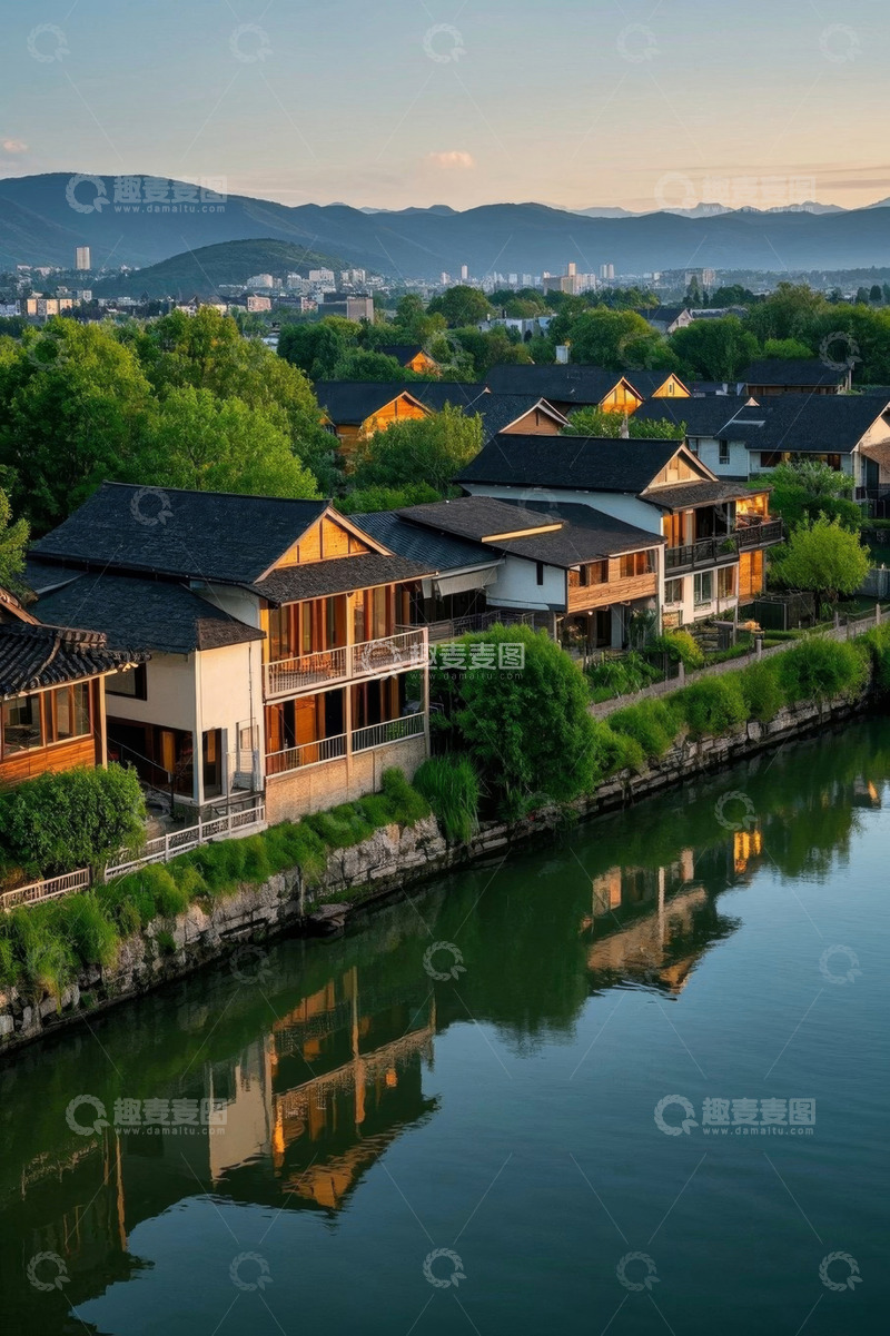 高清大图下载【趣麦麦图】河畔中式民居全景