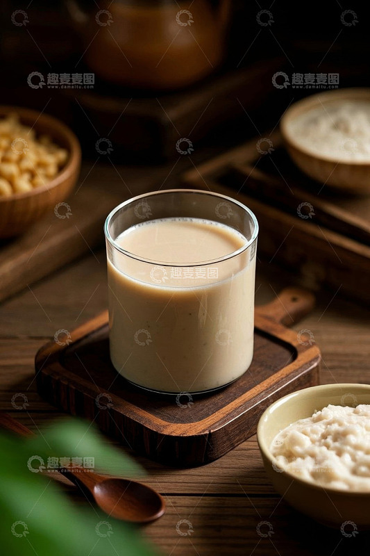 木桌上的玻璃杯装牛奶饮品