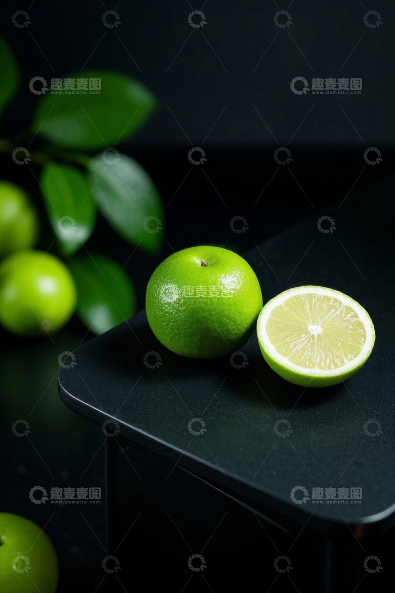 高清大图下载【趣麦麦图】黑色台面上的青柠及切片