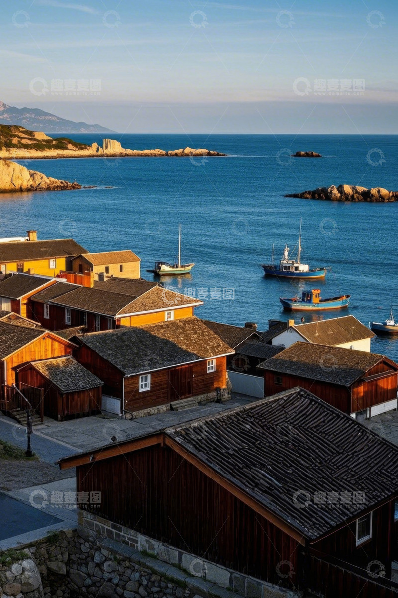 高清大图下载【趣麦麦图】海边渔村建筑与停泊船只景观