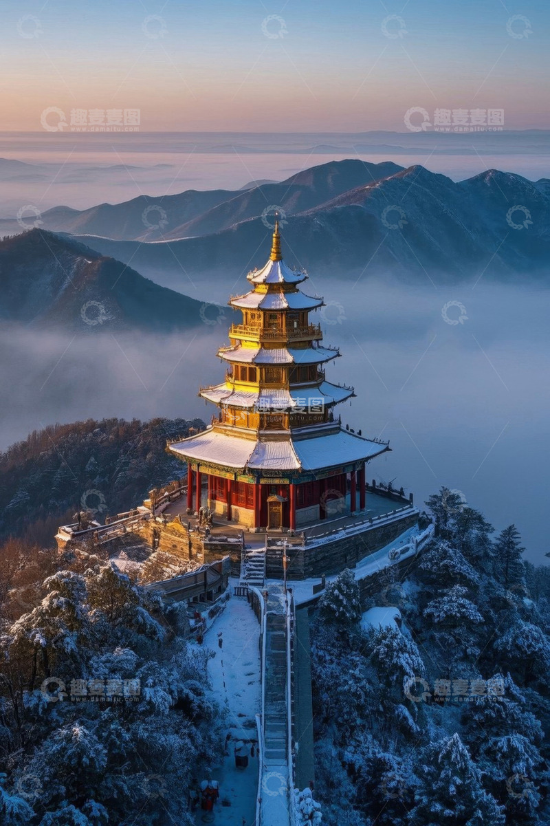 高清大图下载【趣麦麦图】雪后山顶古建筑与云海景观