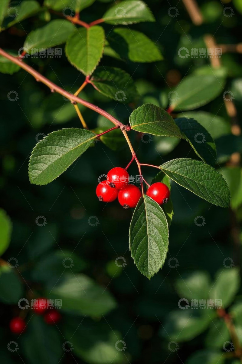 高清大图下载【趣麦麦图】枝头红色浆果与绿叶特写