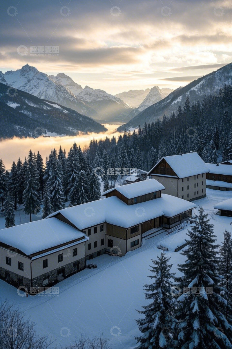 高清大图下载【趣麦麦图】雪中山间木屋自然风光