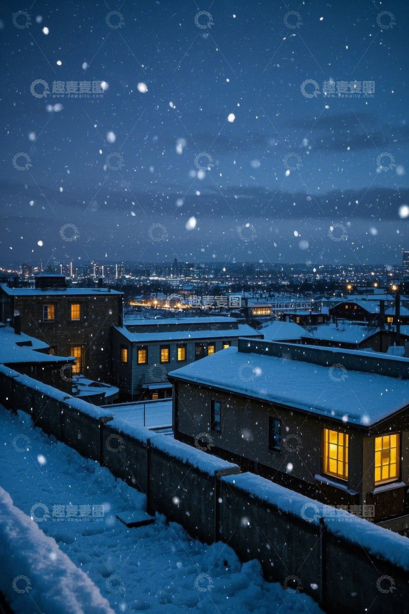 高清大图下载【趣麦麦图】雪夜中的城市民居景象