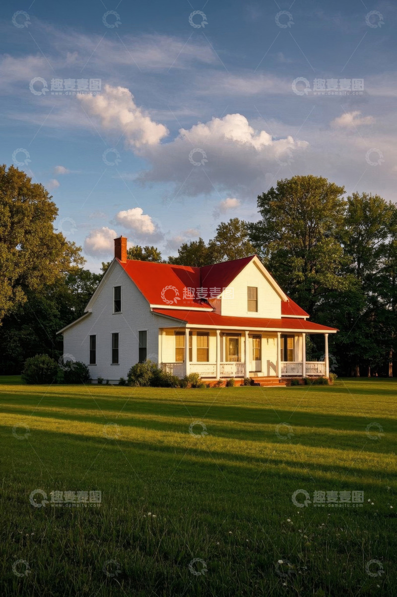 高清大图下载【趣麦麦图】郊外红顶白房与绿地风景