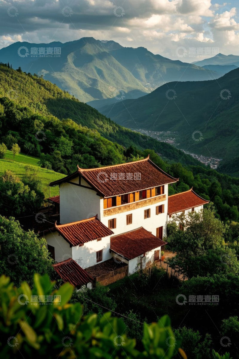 高清大图下载【趣麦麦图】山间中式房屋与自然景观