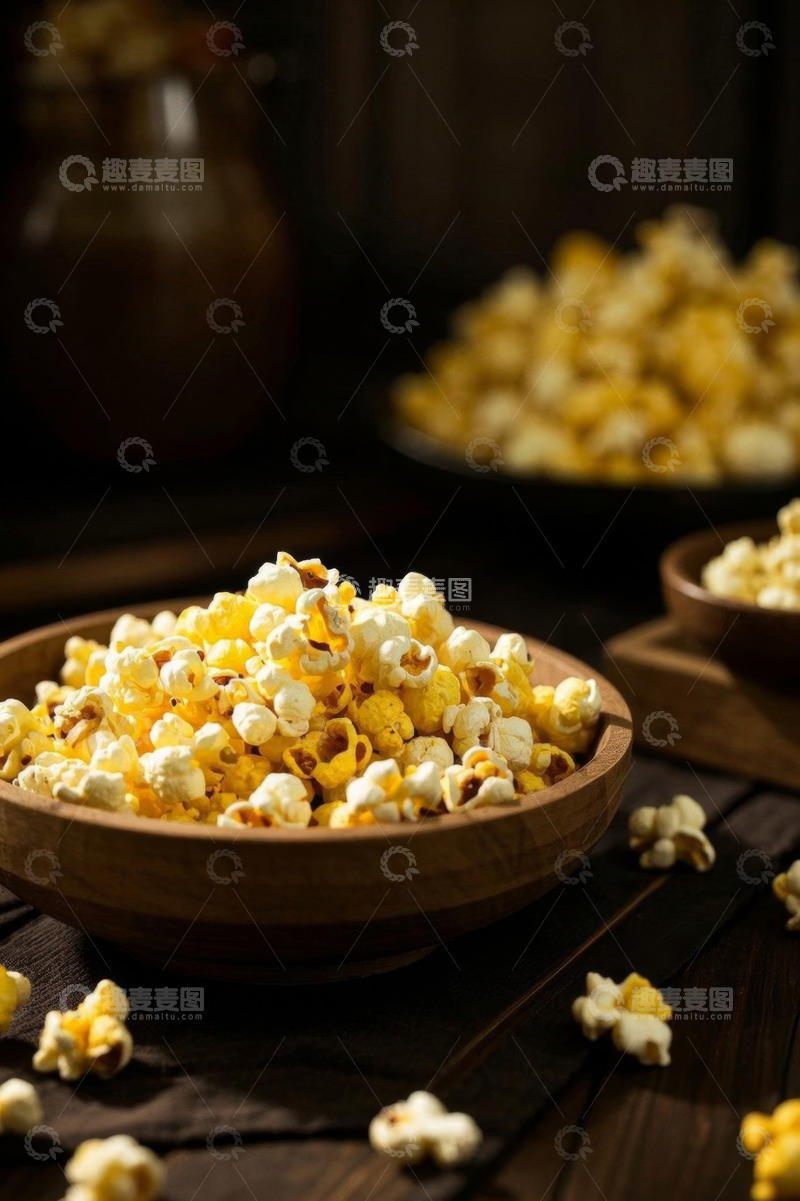 高清大图下载【趣麦麦图】木碗盛放的美味爆米花