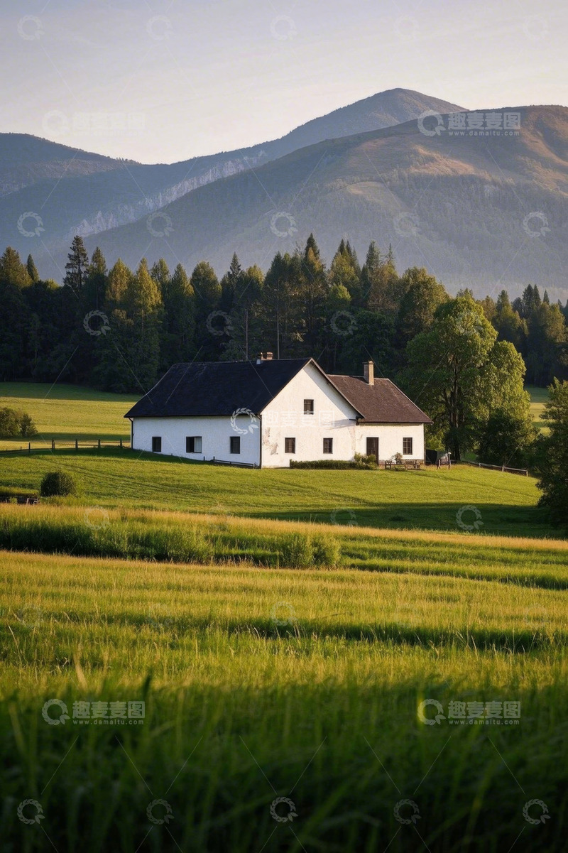 高清大图下载【趣麦麦图】田园山间的白色小屋风景