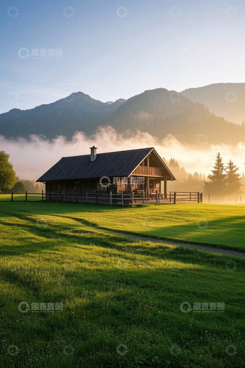 高清大图下载【趣麦麦图】山间木屋晨光下的田园风光