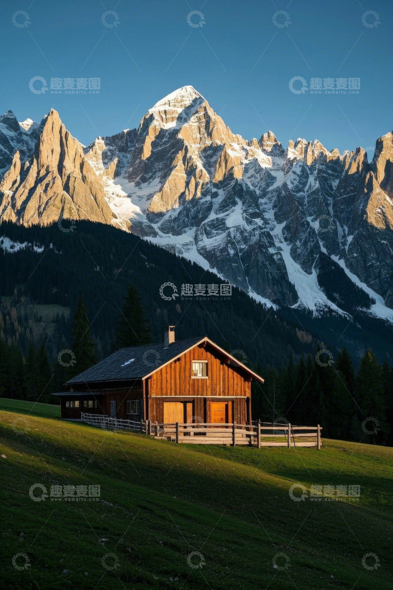 高清大图下载【趣麦麦图】山间木屋与壮丽雪山景观
