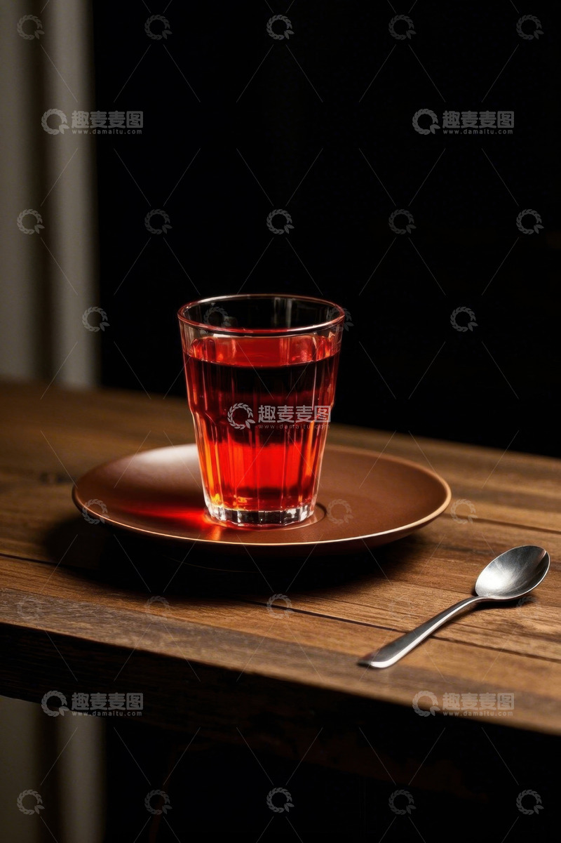 高清大图下载【趣麦麦图】木桌上玻璃杯中的红色饮品