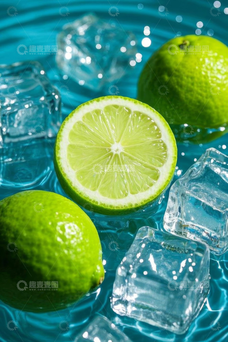 高清大图下载【趣麦麦图】水中青柠与冰块静物画面