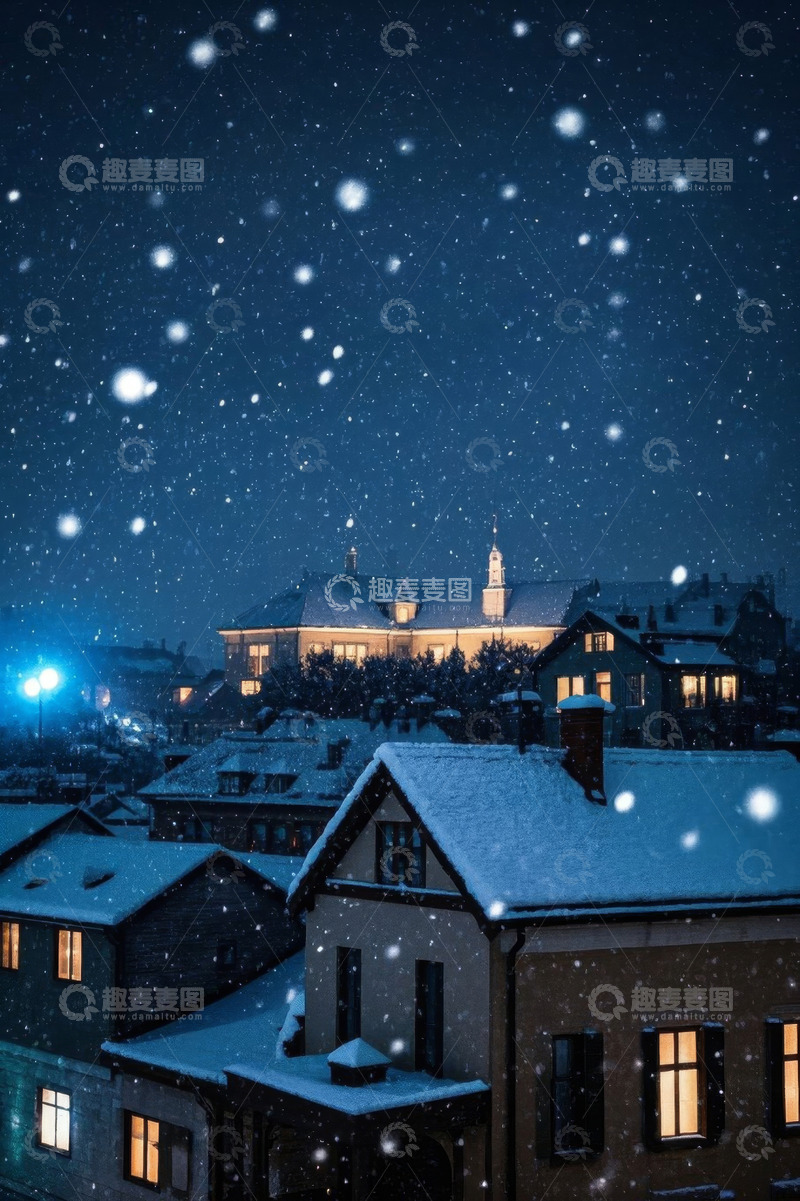 高清大图下载【趣麦麦图】夜晚小镇雪景