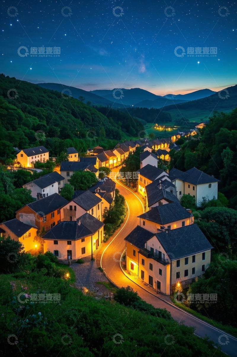 高清大图下载【趣麦麦图】山村夜晚星空下的民居与道路