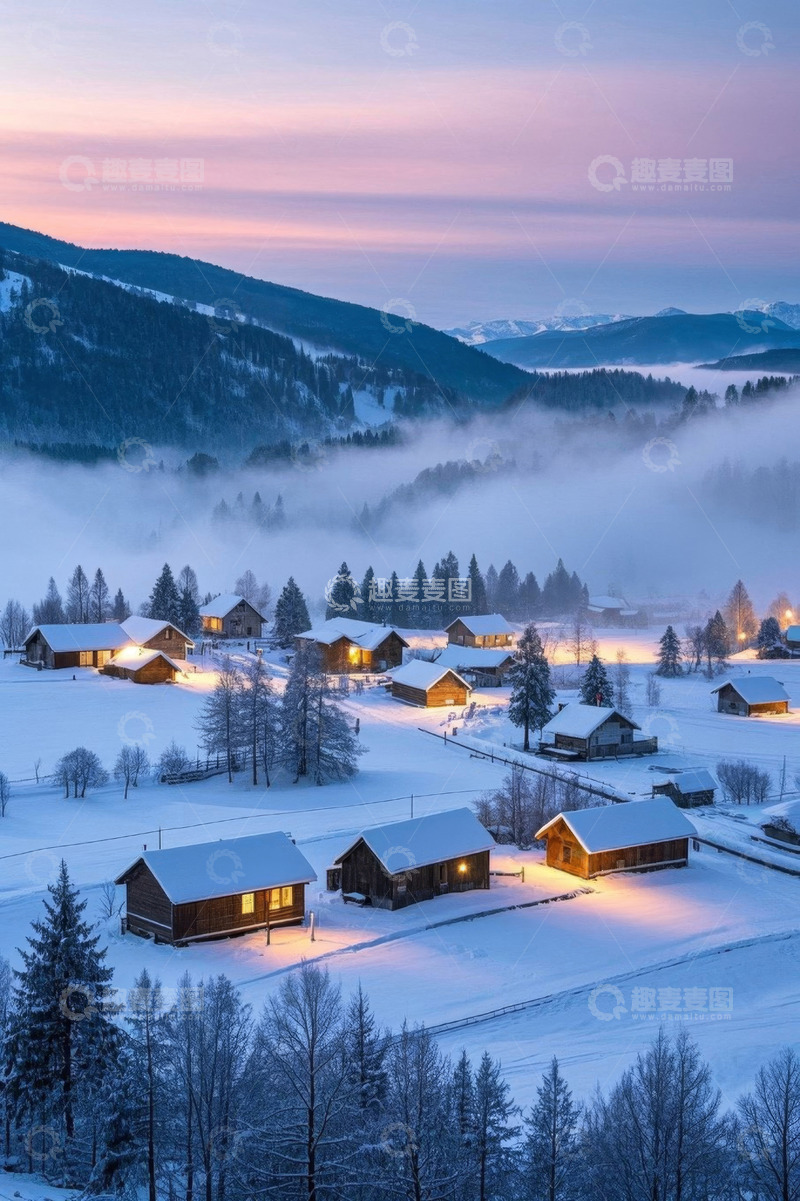 高清大图下载【趣麦麦图】雪中山村暮色全景