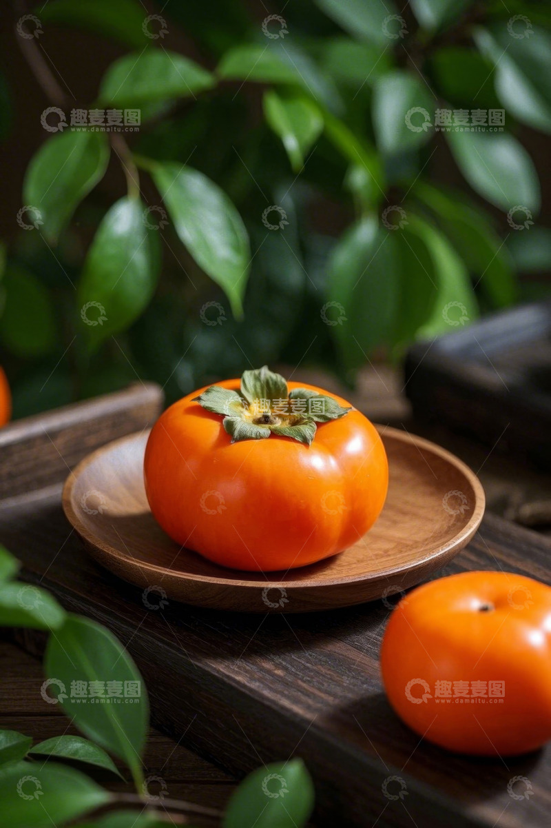 高清大图下载【趣麦麦图】木盘上摆放的新鲜柿子