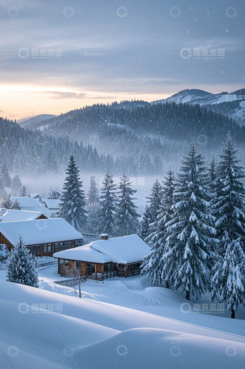 高清大图下载【趣麦麦图】雪覆山林中的木屋景观