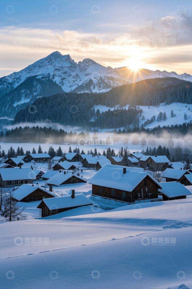 高清大图下载【趣麦麦图】雪山下的雪覆村庄