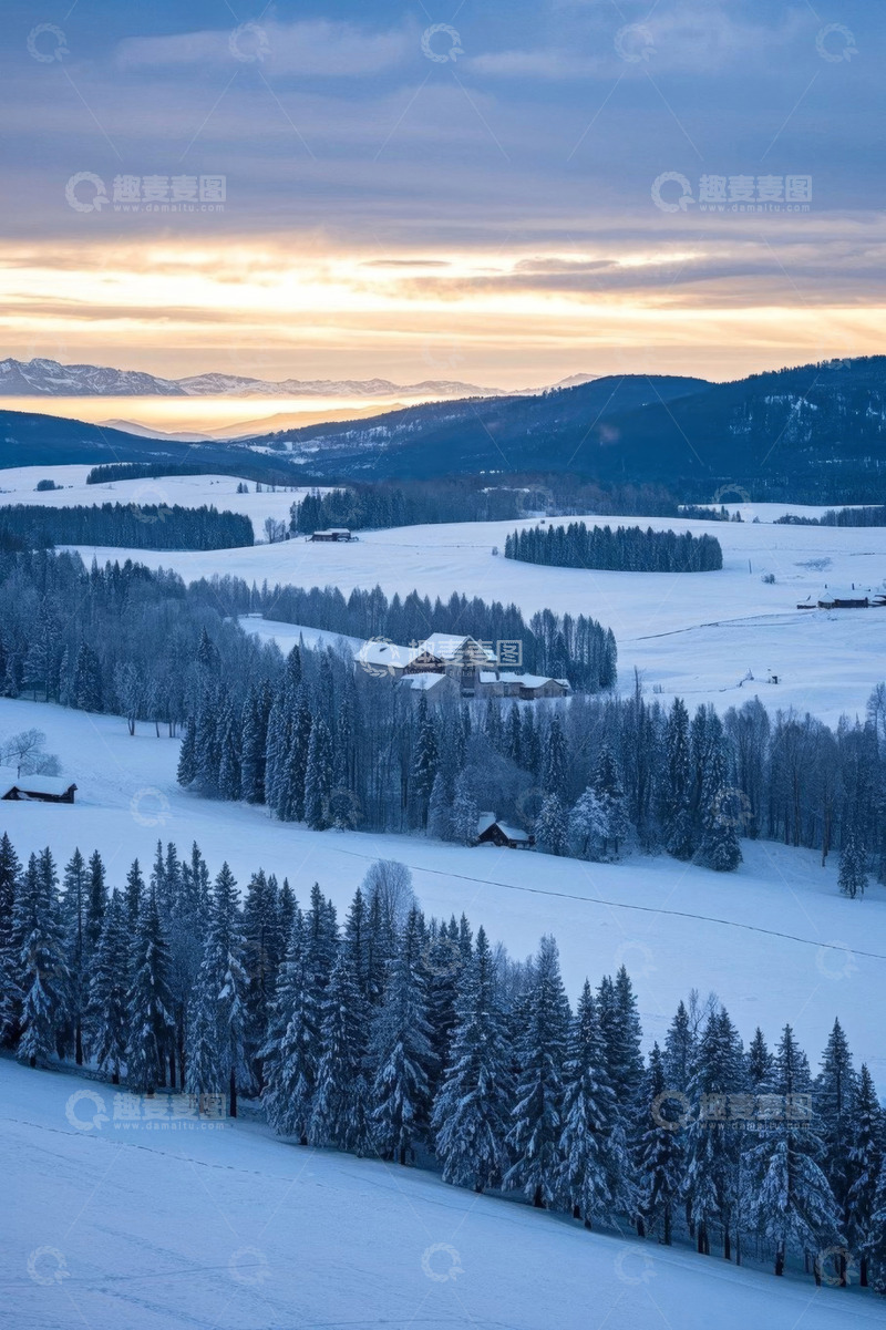 高清大图下载【趣麦麦图】冬日雪覆盖的山林与村庄景色