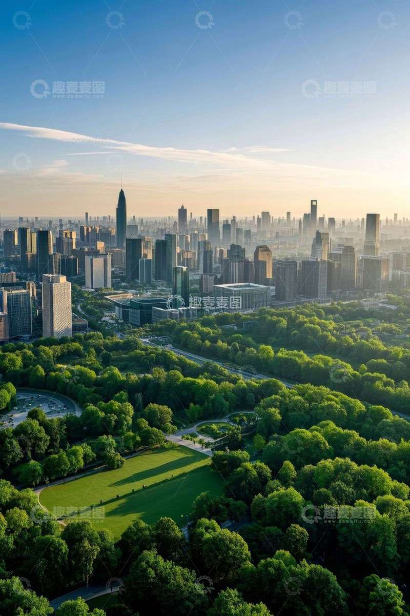 高清大图下载【趣麦麦图】城市高楼与绿地的鸟瞰全景