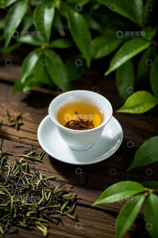 木质桌面上的茶杯与茶叶