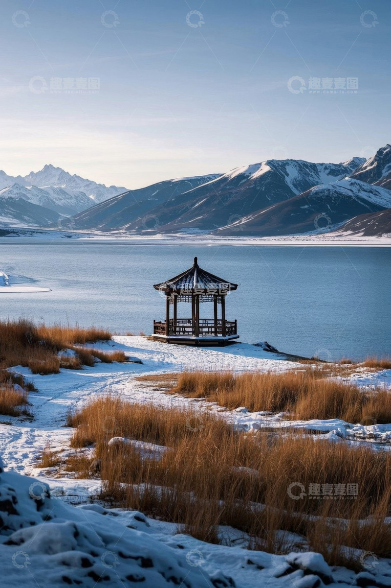 高清大图下载【趣麦麦图】雪山湖畔中式凉亭风景