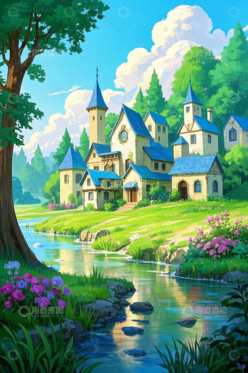高清大图下载【趣麦麦图】河畔森林中的童话风格建筑群