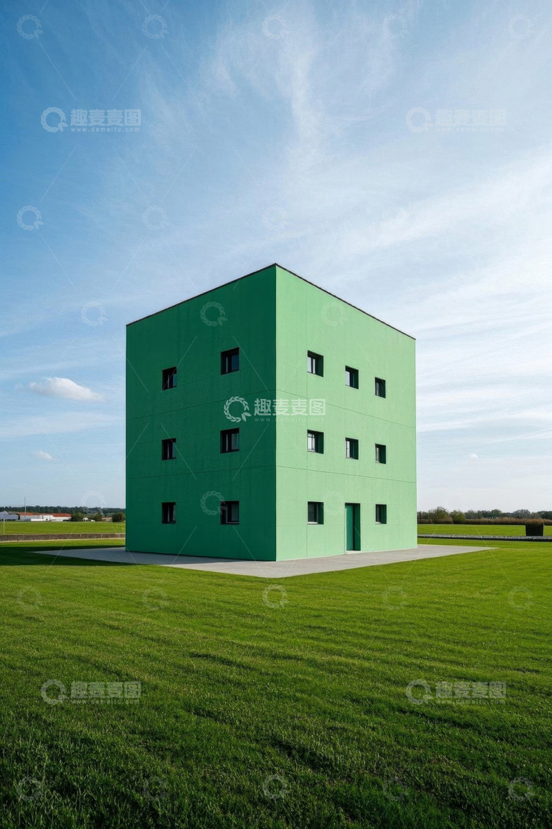 高清大图下载【趣麦麦图】绿地中的绿色立方体建筑