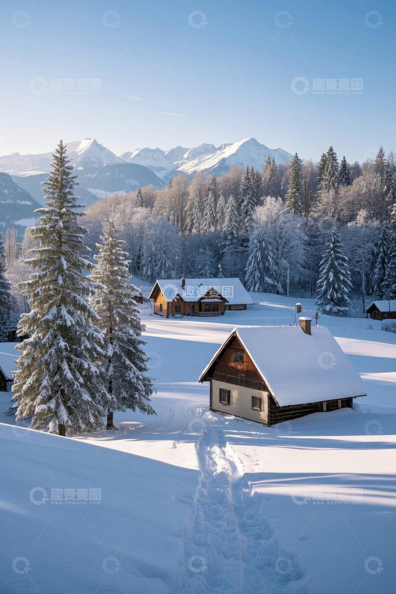 高清大图下载【趣麦麦图】雪山下被积雪覆盖的林间小屋