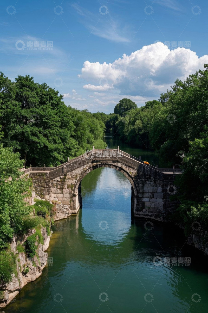 高清大图下载【趣麦麦图】-河畔石拱桥及周边自然景观