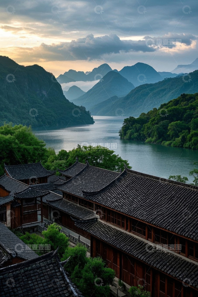 高清大图下载【趣麦麦图】山水间的中式古建筑风景